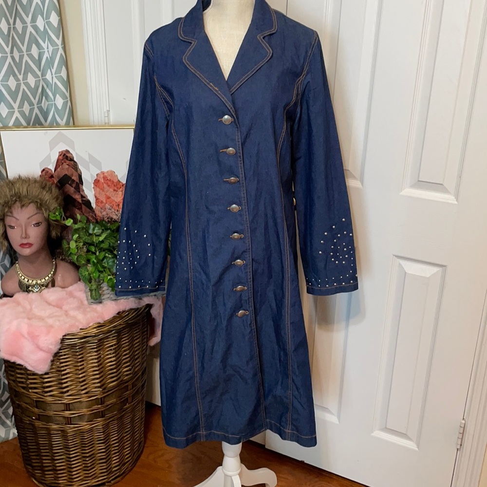 Long Denim Coat / Dark Wash / Silver Hardware/ Size 12/ Devine Denim NY